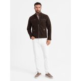 Ombre men's retro biker jacket with stand-up collar - brown | ePonuda.com
