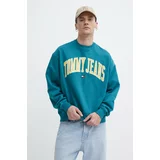 Tommy Jeans Bombažen pulover moški, turkizna barva, DM0DM18628