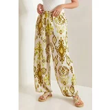 Madmext Patterned Oil Green Wide Leg Linen Trousers