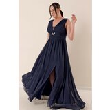 By Saygı Front Back V-Neck Stone Detailed Waist Draped Lined Plus Size Chiffon Long Dress with a Front Slit Navy Blue. Cene