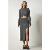Happiness İstanbul Women's Dark Gray Corduroy Crop Skirt Sweater Suit Cene