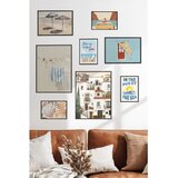 Wallxpert set od 8 uramljenih slika Çgs-068, letnji primorski motivi – suncobrani, mediteranske kuće, školjke i kombi, crni ram | Eponuda.com