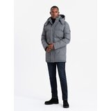 Ombre Warm long men's parka jacket with wool - grey melange Cene
