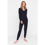 Trendyol Navy Blue V Neck Knitted Pajamas Set cene