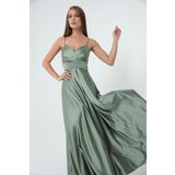 Lafaba Women's Mint, Green Long Satin Evening Dress & Prom Dress with Thread Straps and Waist Belt Cene