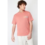 Trendyol Pale Pink Men's Relaxed/Comfortable Cut Color Transition Text Printed 100% Cotton T-shirt Cene