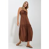Trend Alaçatı Stili women's brown adjustable straps front gathered back zippered gabardine linen dress cene