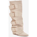 Boto Women's High Heel Boots with Turned-up Shaft and Golden Buckles Light Beige Isavelle | shoptok.hr