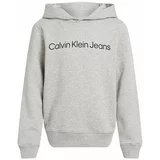 Calvin Klein Jeans Otroški bombažen pulover siva barva, s kapuco, IU0IU00601