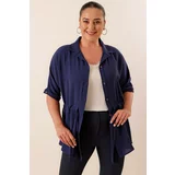 By Saygı Belted Waist Buttoned Front Plus Size Ayrobin Tunic Shirt Navy Blue