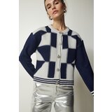 Happiness İstanbul Women's Cream Navy Blue Stylish Buttoned Patterned Knitwear Cardigan Cene