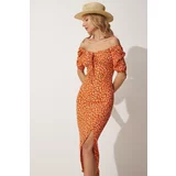 Happiness İstanbul Women's Orange Carmen Collar Slit Summer Knitted Dress