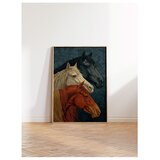 Wallxpert uramljena slika 115196, tri konja, crni, beli i riđi, na tamnoplavoj pozadini sa lišćem, 50 x 70 cm, ram u boji prirodnog drveta | Eponuda.com