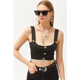 Olalook Women's Black Button Detailed Strappy Crop Knitwear Blouse Cene