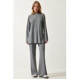 Happiness İstanbul Women's Gray Ribbed Knitted Blouse Pants Suit Cene