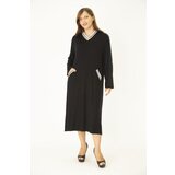 Şans Women's Plus Size Black Rib Detail V Neck Dress With Adjustable Sleeve Length With Pocket cene