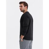 Ombre Men's cotton longsleeve with striped U neckline and embroidery - black | ePonuda.com