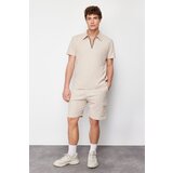 Trendyol Men's Mink Tracksuit Regular/Normal Fit Zipper Polo Neck-Cargo Pocket Shorts Textured Cene