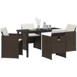 vidaXL Set za blagovanje od 5 dijelova s jastučićima, smeđi poli ratan, Vrtni stol, crni, 140x80x73 cm, staklo otporno na udarce | shoptok.hr