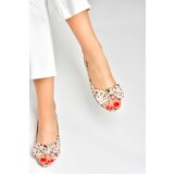 Fox Shoes Beige/red Linen Women's Flats with Floral Print Cene