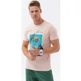 Ombre Majice s kratkimi rokavi T-shirt męski bawełniany z nadrukiem - różowa V2 S1738 pisana