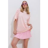 Trend Alaçatı Stili Women's Pink Crew Neck Ribbed Striped 2 Thread Unisex T-Shirt Cene