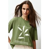 Trendyol Khaki 100% Cotton Printed Relaxed/Wide Relaxed Cut Crew Neck Knitted T-Shirt Cene