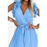 numoco basic Pleated chiffon midi dress with a neckline and delicate ruffles Numoco | shoptok.hr