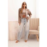 Kesi Włoski Short women's jacket made of eco-leather with a belt and collar fango | shoptok.hr