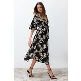 Trendyol black belted floral print a-line double-breasted collar midi woven dress Cene