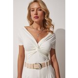  Women's Ecru Deep V-Neck Sandy Knitted Blouse Cene