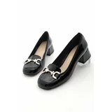 Marjin Women's Chunky Heel Buckled Flat Toe Classic Heeled Shoes Alesa Black Patent Leather