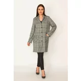 Şans Women's Plus Size Gray Checkered Patterned Long Jacket with Pockets Unlined.