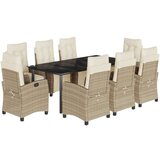 vidaXL Vrtna garnitura - 9-dijelni vrtni blagovaonski set od poliratana s jastucima bež - Dužina stola 200 cm Okrugla noga 8 | shoptok.hr