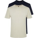 Trendyol Stone-Navy Blue Men's Basic Slim Fit 100% Cotton 2-Pack Short Sleeved T-Shirt Cene