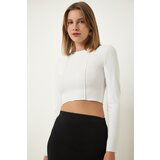 Happiness İstanbul White Ribbed Ribbed Crop Blouse Cene