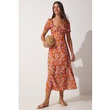  Women's Orange Pleated Collar Floral Satin Surface Summer Dress | Eponuda.ba