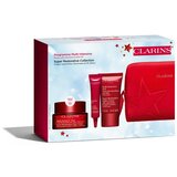 Clarins Super Restorative Collection set: dnevna krema za obraz Super Restorative Day Cream 50 ml + nočna krema za obraz Super Restorative Night Cream 15 ml + krema za okoli oči Total Eye Lift 7 ml + serum za obraz Double Serum 0,9 ml + rdeča kozmetična torbica za ženske | Shoptok.si