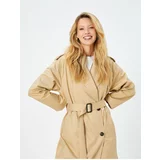 Koton Trench Coat Midi Length Belted Pocket Detailed Buttoned