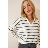 Women's Black Ecru Striped Polo Neck Seasonal Knitwear Sweater | shoptok.hr