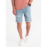 Ombre Men's short denim shorts with rubbing and rolled up leg - light blue Cijene