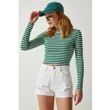Happiness İstanbul Women's Dark Green Crew Neck Striped Crop Knitted Blouse