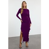 Trendyol women's purple plain ruffle midi skirt flounce boat rock maxi flexible knitted knit dress