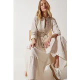 Happiness İstanbul Women's Cream Laced Flounce Long Linen Shirt Dress