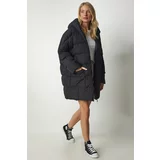 Happiness İstanbul Women's Black Oversized Down Jacket with a Hoodie