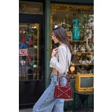 Madamra Burgundy Patent Leather Women's Stapled Mini Tote Hand And Shoulder Bag