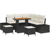 vidaXL 8-delni vrtni sofa set z blazinami Črna poli ratan akacija, 2-sedežni vrtni sofa z blazinami Črna poli ratan, 3-delni vrtni jedilni set z blazinami Črna poli ratan akacija | Shoptok.si