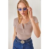 Olalook Women's Striped Beige Snap-On Camisole Blouse | Shoptok.si
