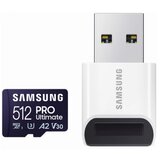 Samsung microsd 512GB, pro ultimate, sdxc, uhs-i U3 V30 A2, read up to 200MB/s, write up to 130 mb/s, for 4K and fullhd video recording, w/usb card reader | ePonuda.com