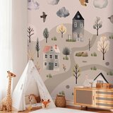  Foto tapeta - Scandinavian Valley - Village in Pastel Colours Painted in Watercolours 147x105 Samoljepljiva | shoptok.hr